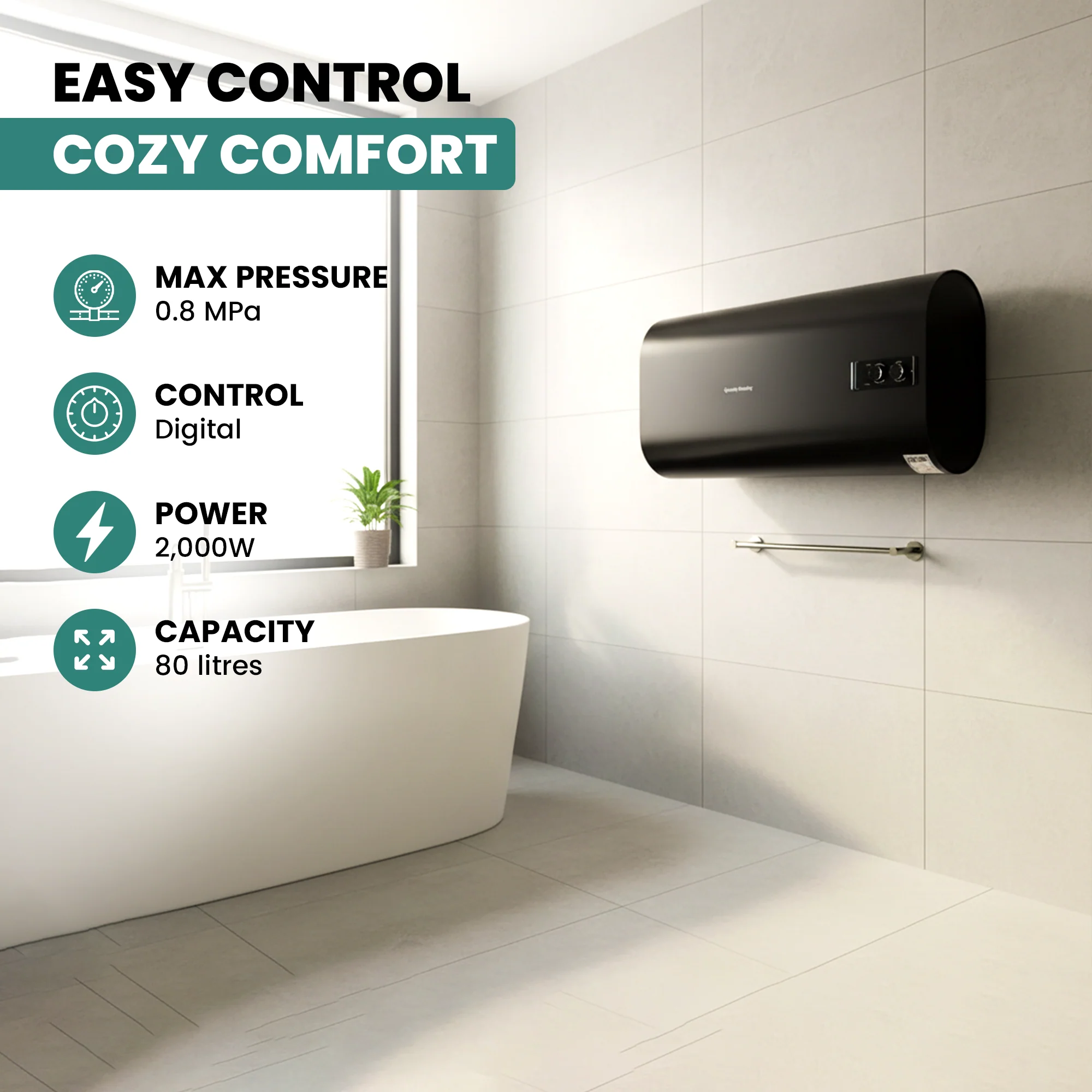 80 Litre QH Dual Horizontal Electric Electric Water Heater - Image 3