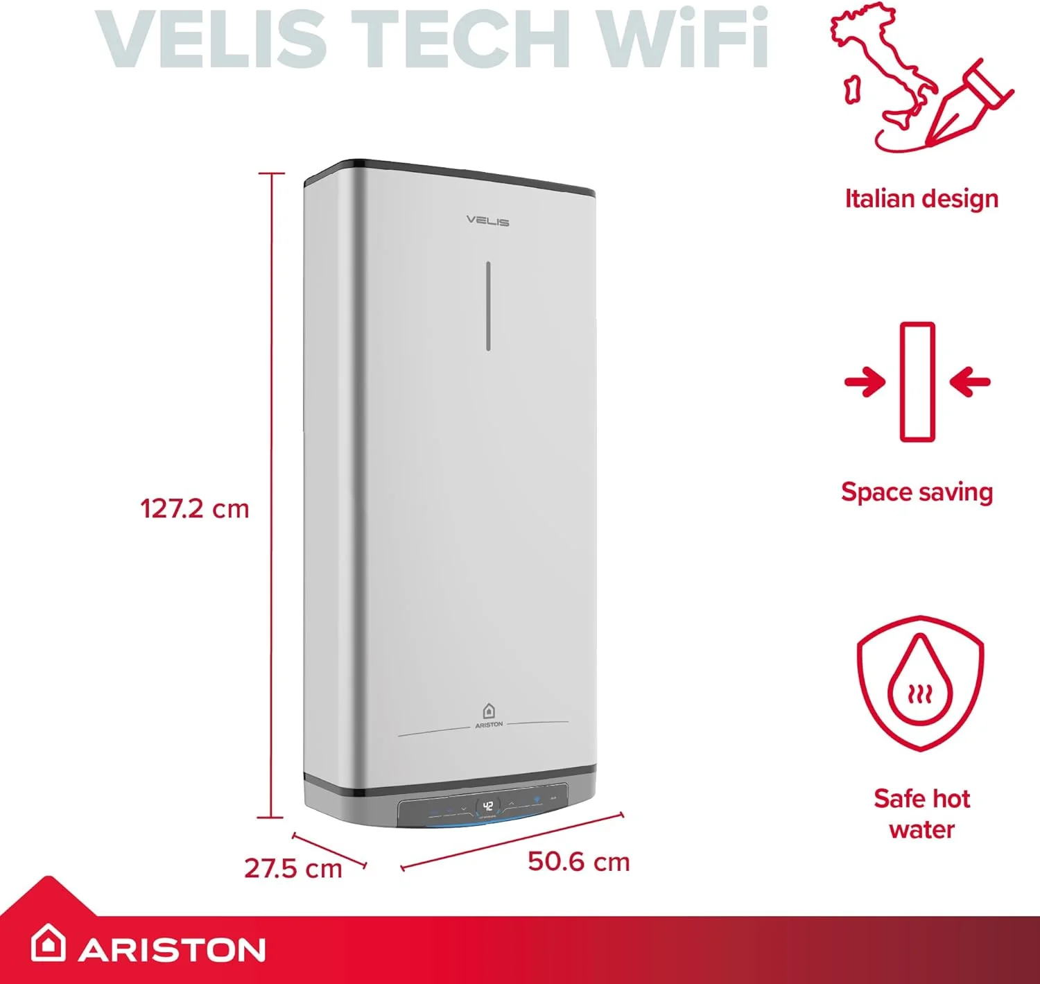 Ariston Velis Tech Wi-Fi 80L Wall-Hung Unvented Electric Water Heater — 3kW Twin Tank ErP B - Image 2