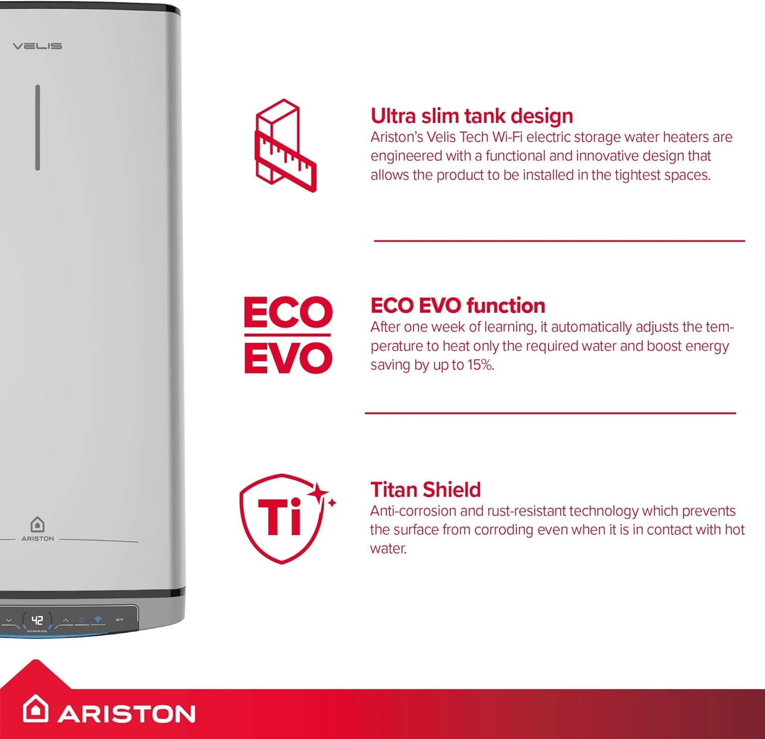 Ariston Velis Tech Wi-Fi 80L Wall-Hung Unvented Electric Water Heater — 3kW Twin Tank ErP B - Image 7