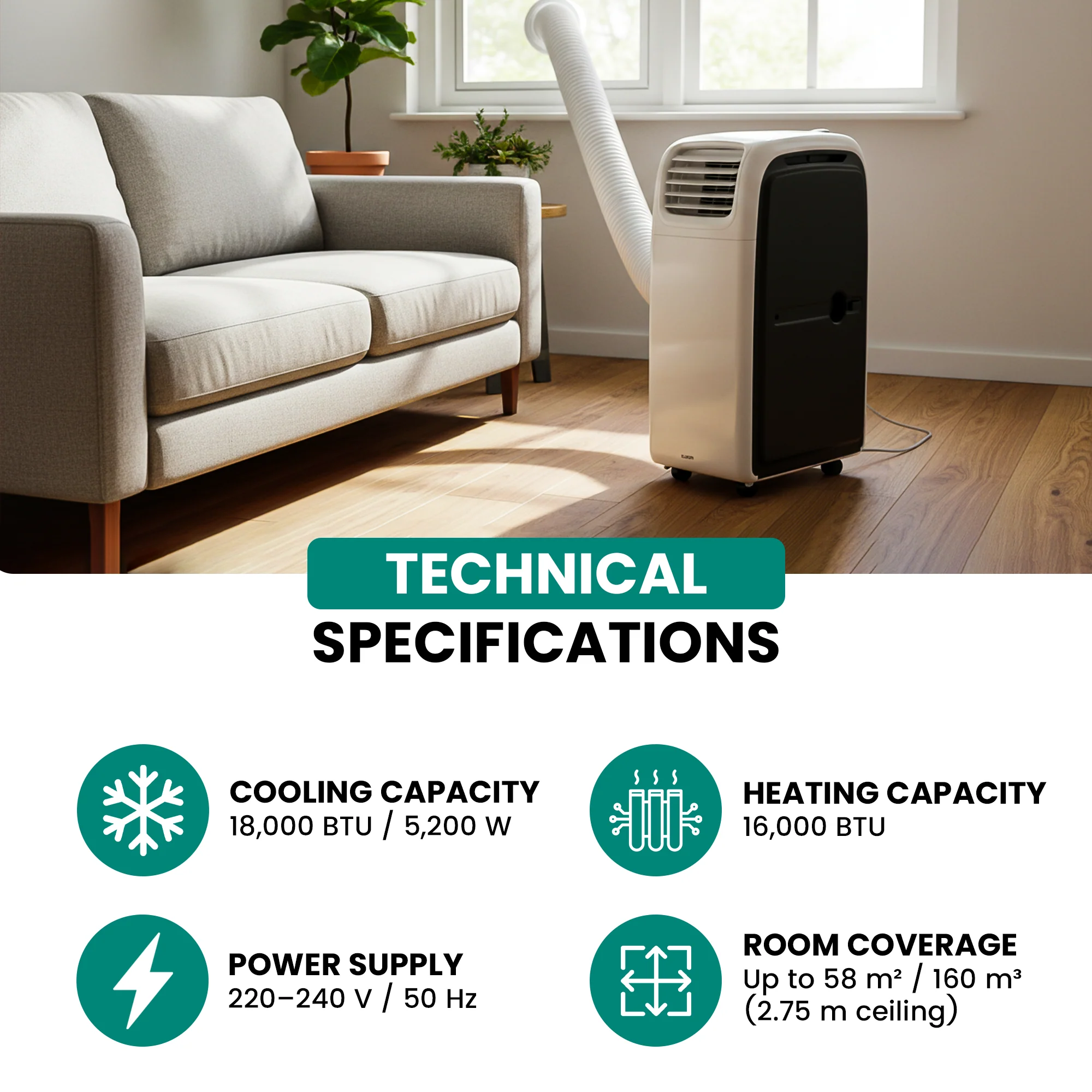 Eurom 18000 BTU Mobile Air Conditioner and Heating Unit | 5200W Cooling, Wi-Fi, R290 | Powerful Year-Round Climate Control - Image 5