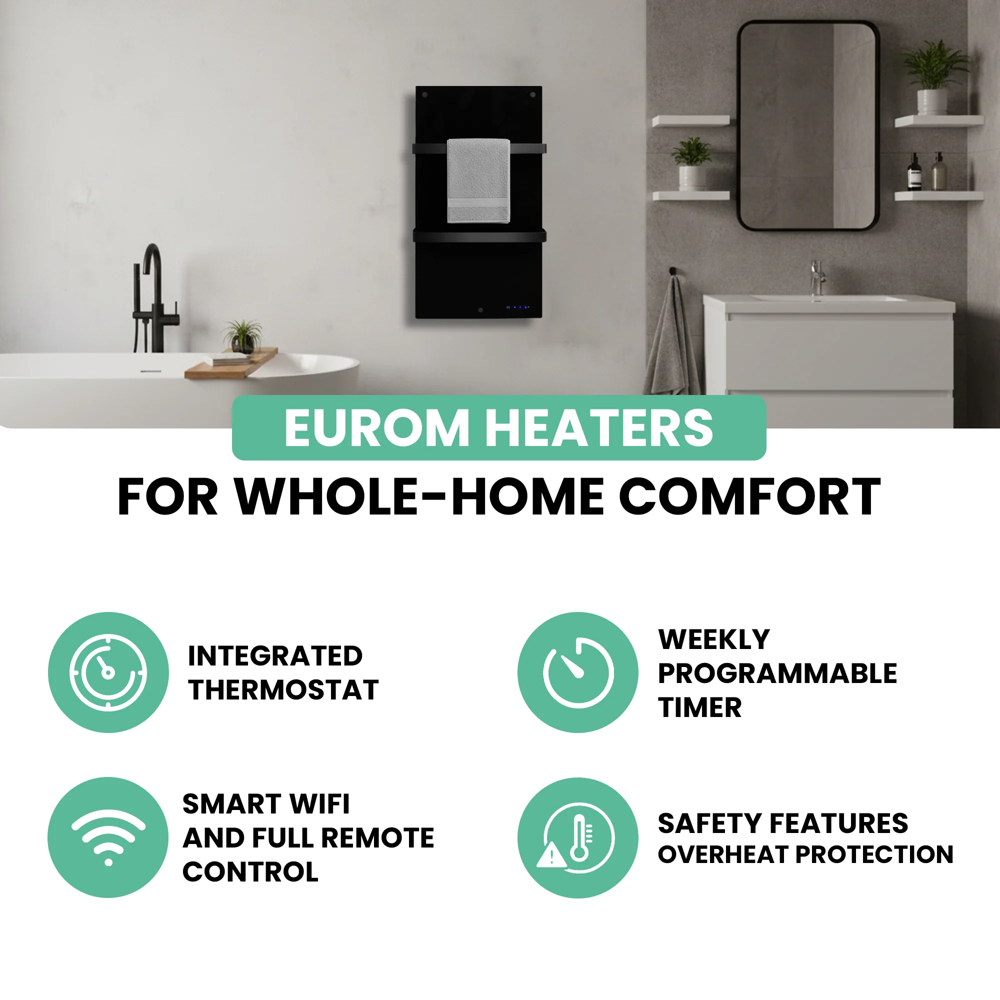Eurom Sani 400 WiFi Black Infrared Towel Heater – Stylish, Efficient Bathroom Heating with Smart Control - Image 3