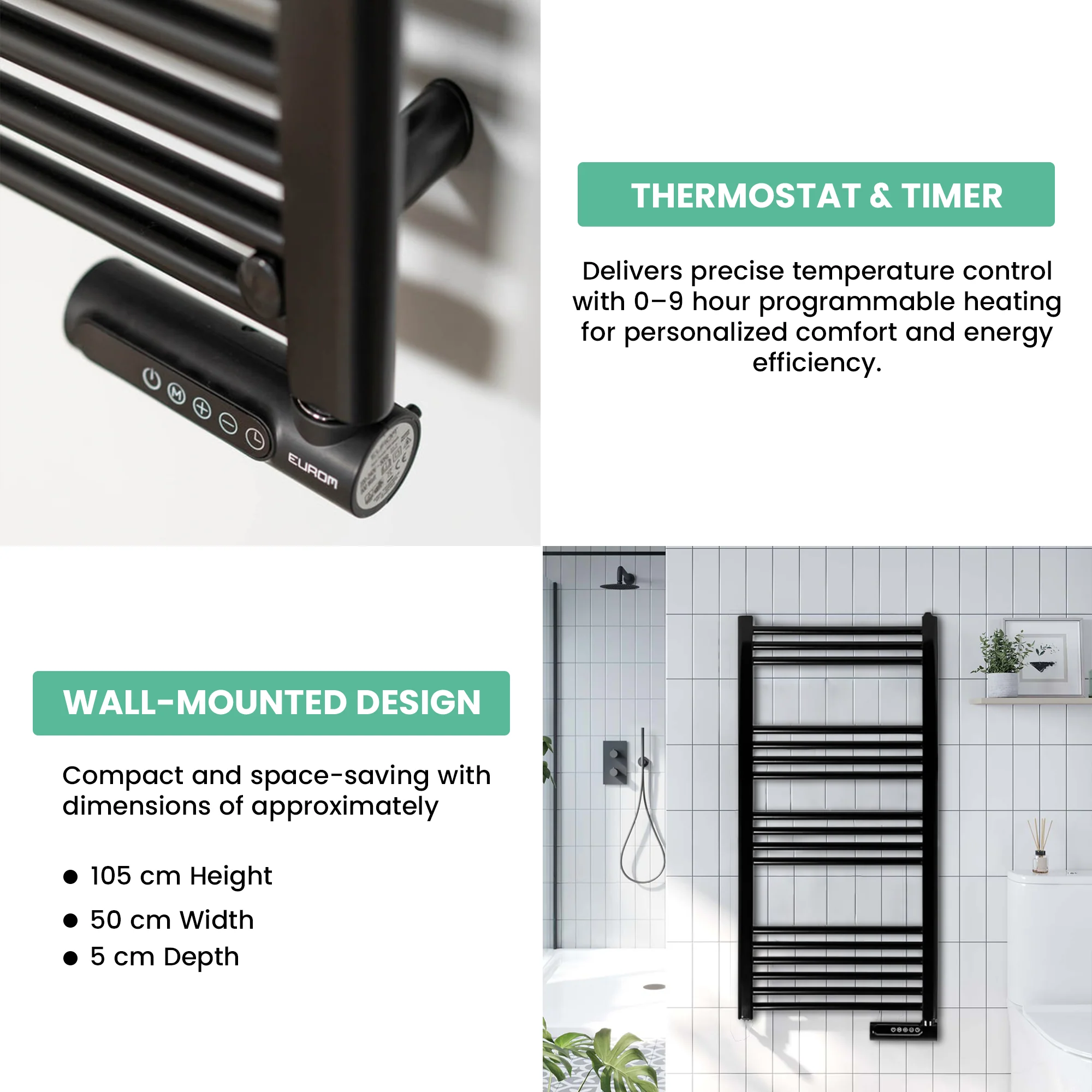 Eurom Sani-Towel 750 Black Electric Bathroom Radiator – Powerful and Stylish Towel Warmer with Timer and Safety Features - Image 3
