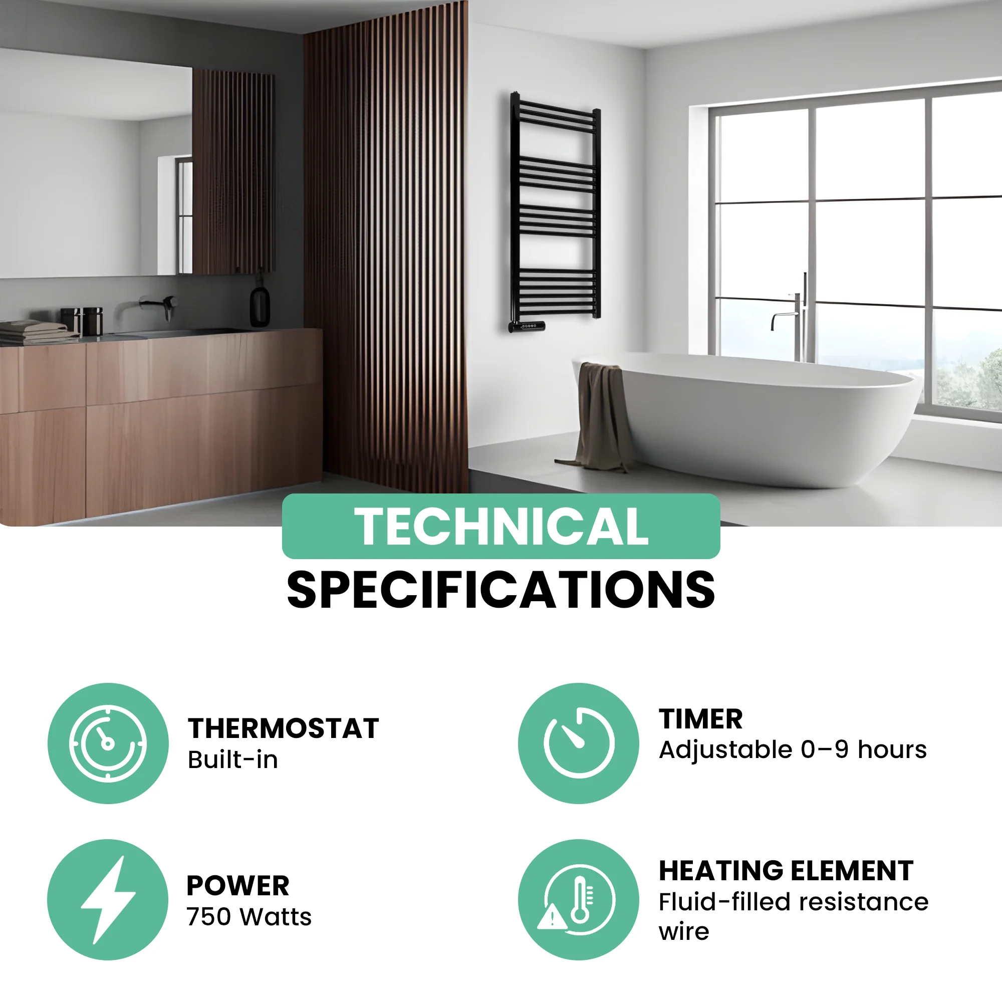 Eurom Sani-Towel 750 Black Electric Bathroom Radiator – Powerful and Stylish Towel Warmer with Timer and Safety Features - Image 5