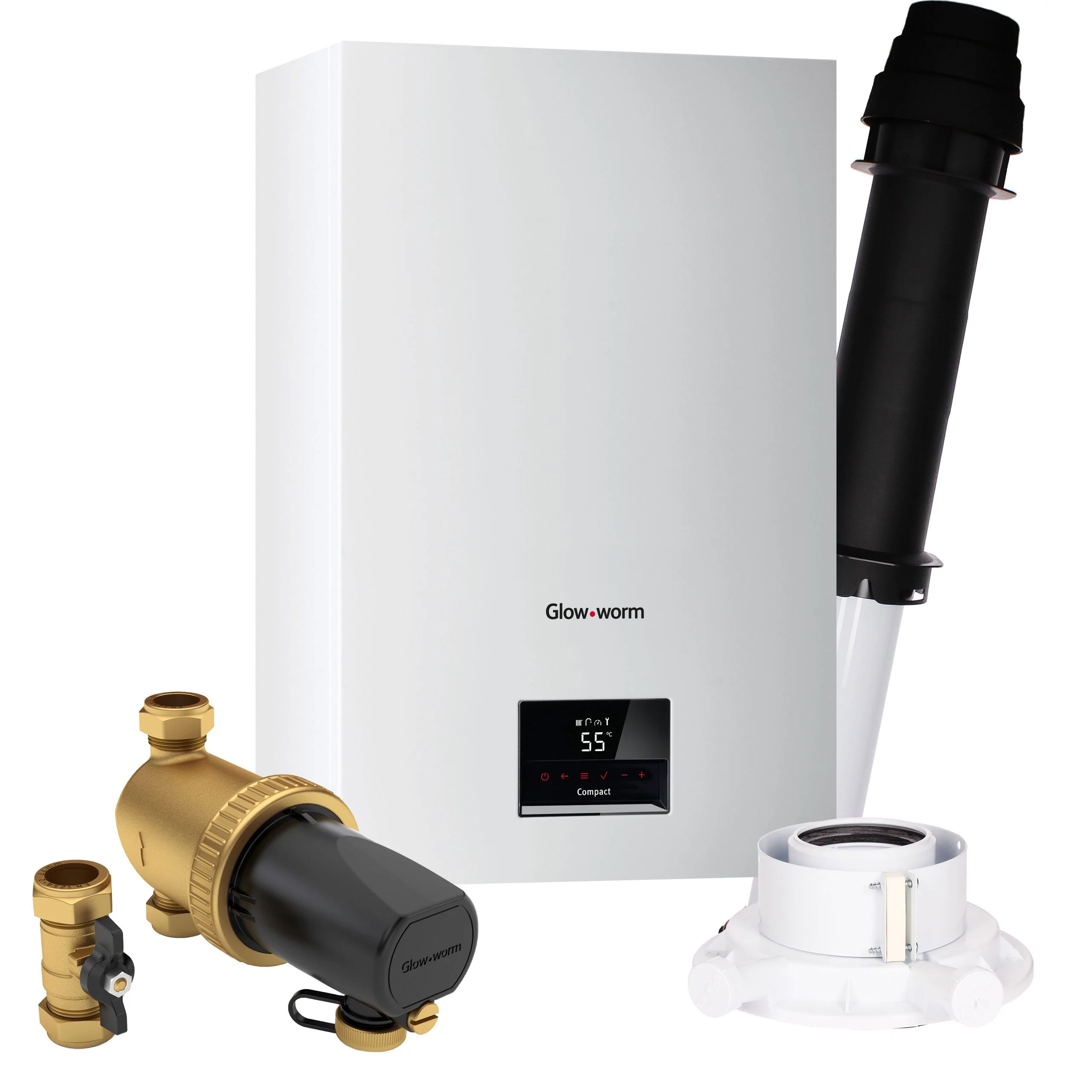 Glow-worm Compact 24C LPG Combi Boiler, Vertical Flue, Adaptor and System Filter