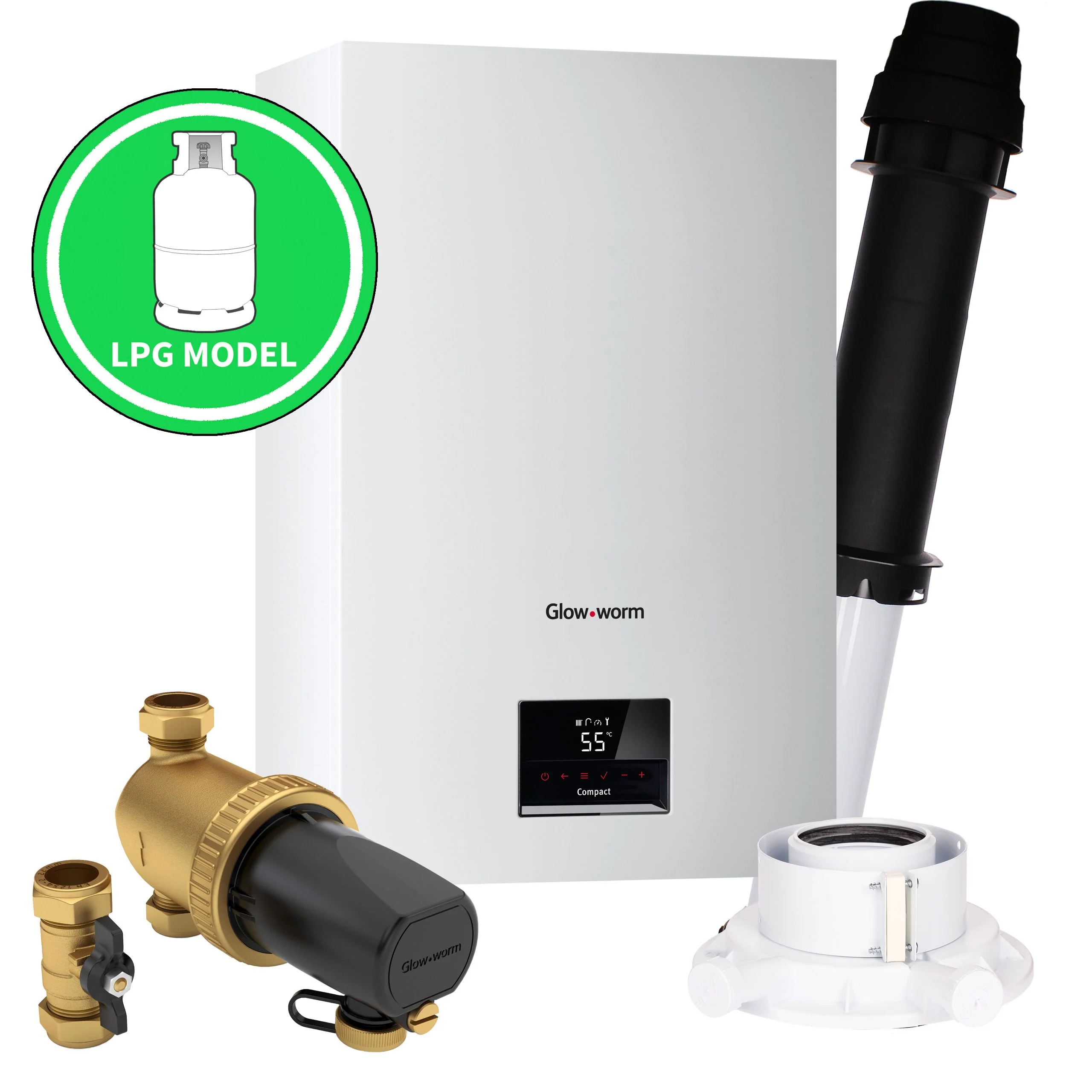 Glow-worm Compact 24C LPG Combi Boiler, Vertical Flue, Adaptor and System Filter - Image 2
